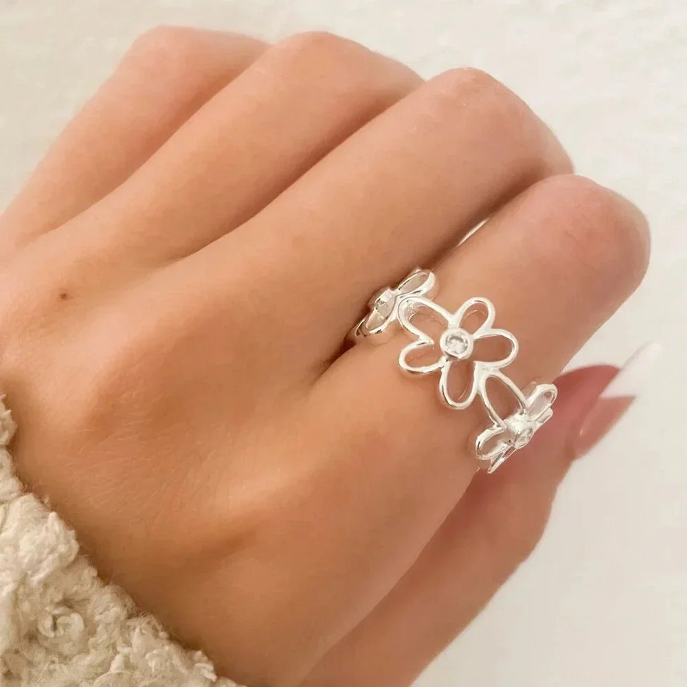 925 Sterling Silver Flower Ring Modern Floral Flower Cutout Ring Boho Ring